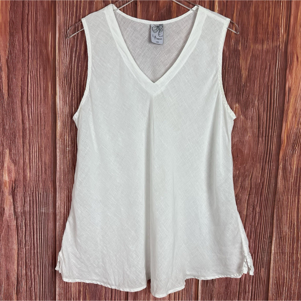La Fixsun White Tunic Tank Top V-Neck Sleeveless 100% Linen Womens Size Small S
